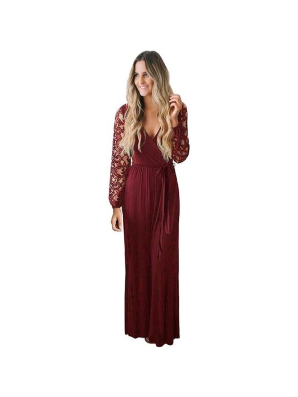 Women's Vintage Floral Lace Long Sleeve Faux Wrap V Neck Party Long Maxi Dress